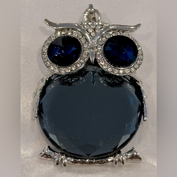 Silver Tone Owl Pendant with Blue & White Crystals 3.5”L x 1.5”W EUC - Picture 1 of 2